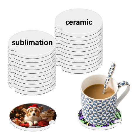 10 PCS Ceramic car Coasters Sublimation Blanks Bulk，for DIY Personalized Printed car Decoration, White Round with Finger notches for Easy disassembly, Christmas Crafts OKBA