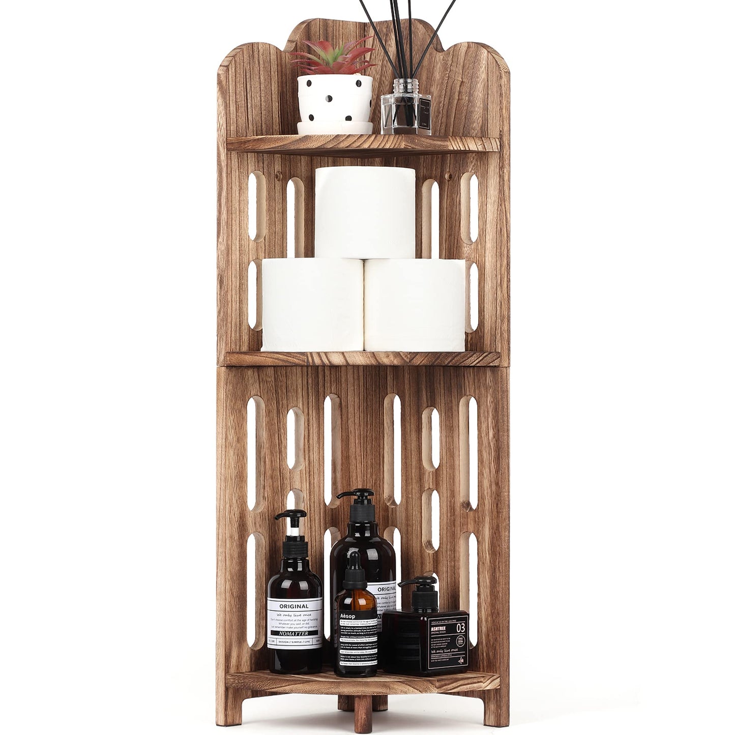 Meangood 3-Tier Rustic Corner Shelf Stand in Carbonized Black - Solid Wood Display for Small Spaces - WoodArtSupply