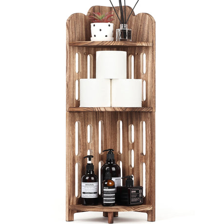 Meangood 3-Tier Rustic Corner Shelf Stand in Carbonized Black - Solid Wood Display for Small Spaces Meangood