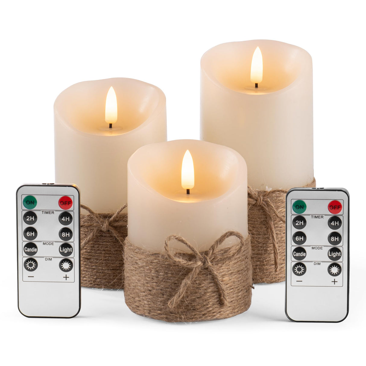 AKU TONPA Flameless Candles Battery Operated Pillar Real Wax Electric LED Candle Gift Set with Remote Control and Timer, 4" 5" 6" Pack of 3 (Ivory Wax with Hemp Rope) AKU TONPA