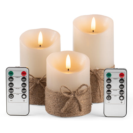 AKU TONPA Flameless Candles Battery Operated Pillar Real Wax Electric LED Candle Gift Set with Remote Control and Timer, 4" 5" 6" Pack of 3 (Ivory Wax with Hemp Rope) AKU TONPA
