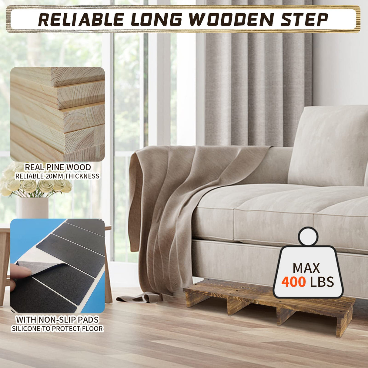 39IN Long Wooden Step Stool for Elderly, Half Wooden Riser Step Stool for Bedside, Bathroom, Kitchen and Outdoor High Steps(39.0" L*11.5" W*4.6" H) Coocure