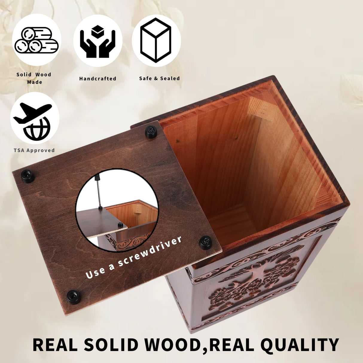 NowDoWin Urn for Ashes Adult Male Female,Cremation Urns for Men Women,Wooden Urns for Human Ashes Adult,Handcrafted Solid Wood Urn with Bag,TSA Approved Urn (Tree of Life, 300LBS Capacity) Nowdowin