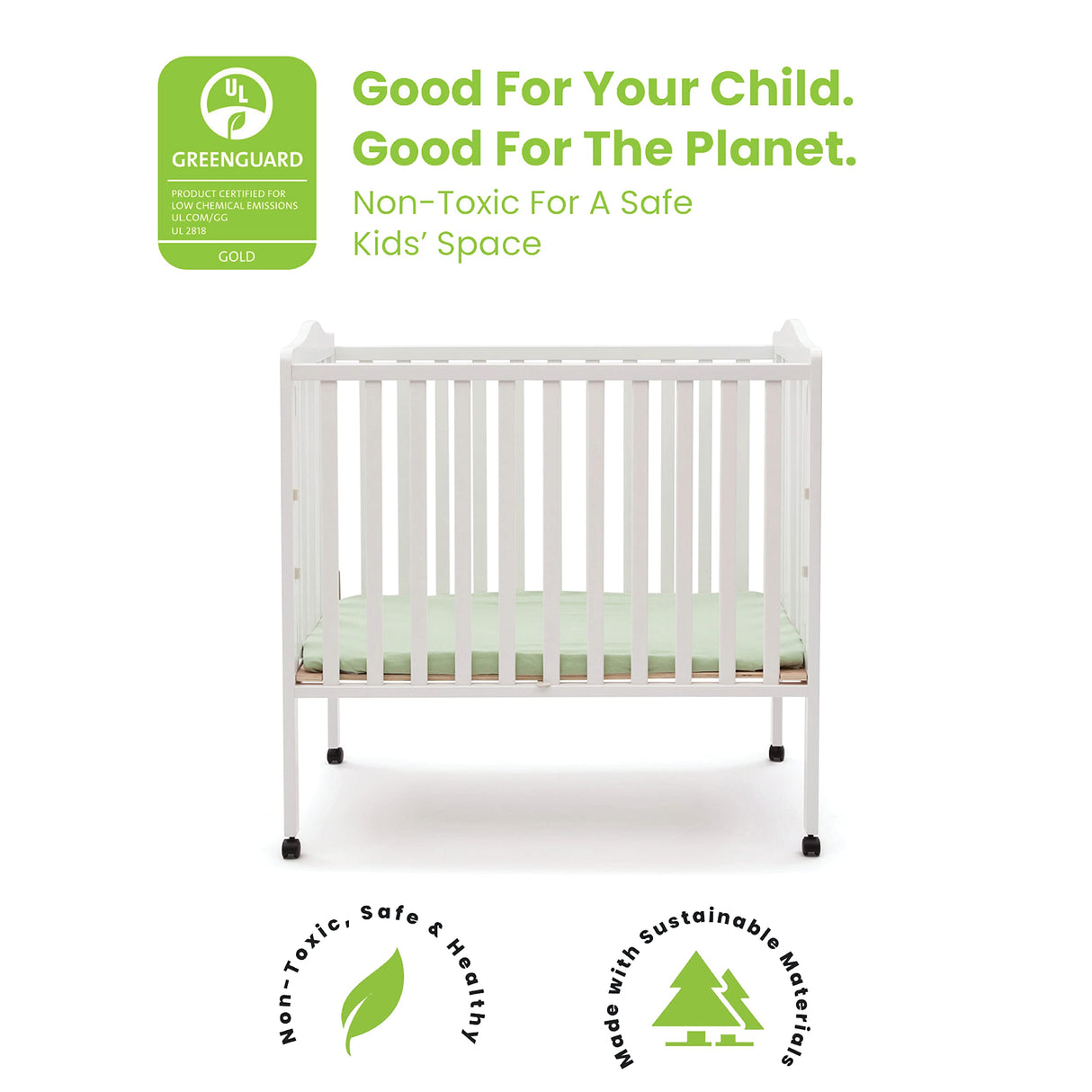 Delta Children Folding Portable Mini Baby Crib with 1.5-inch Mattress - Greenguard Gold Certified, White Delta Children