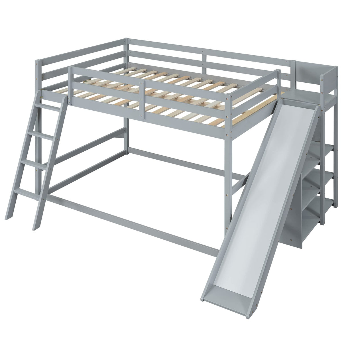Full Over Full Bunk Beds with Slide and Storage Shelves, Wood Floor Bunk Beds Frame, Kids Bunk Bed for Bedroom, Teens Dormitory (Full Loft Bed with Slide, Gray) Bellemave
