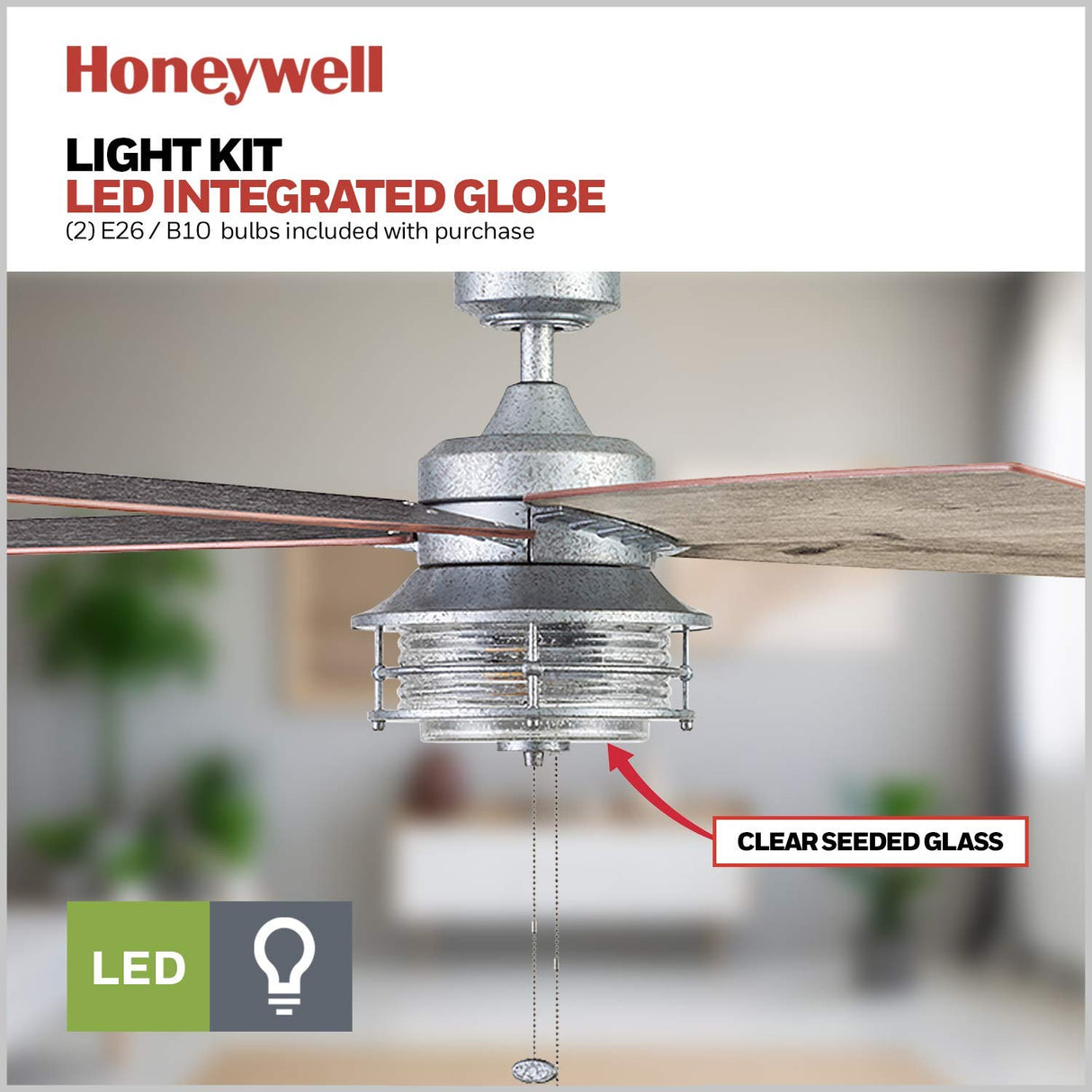 Honeywell Ceiling Fans Foxhaven Farmhouse 52 Inch Ceiling Fan with Light, Outdoor Fan/Indoor Dual-Mount LED Ceiling Fan, 5 Blades, Ebony and Silver Oak Blade Finish Options, Galvanized (51631-01) Honeywell Ceiling Fans