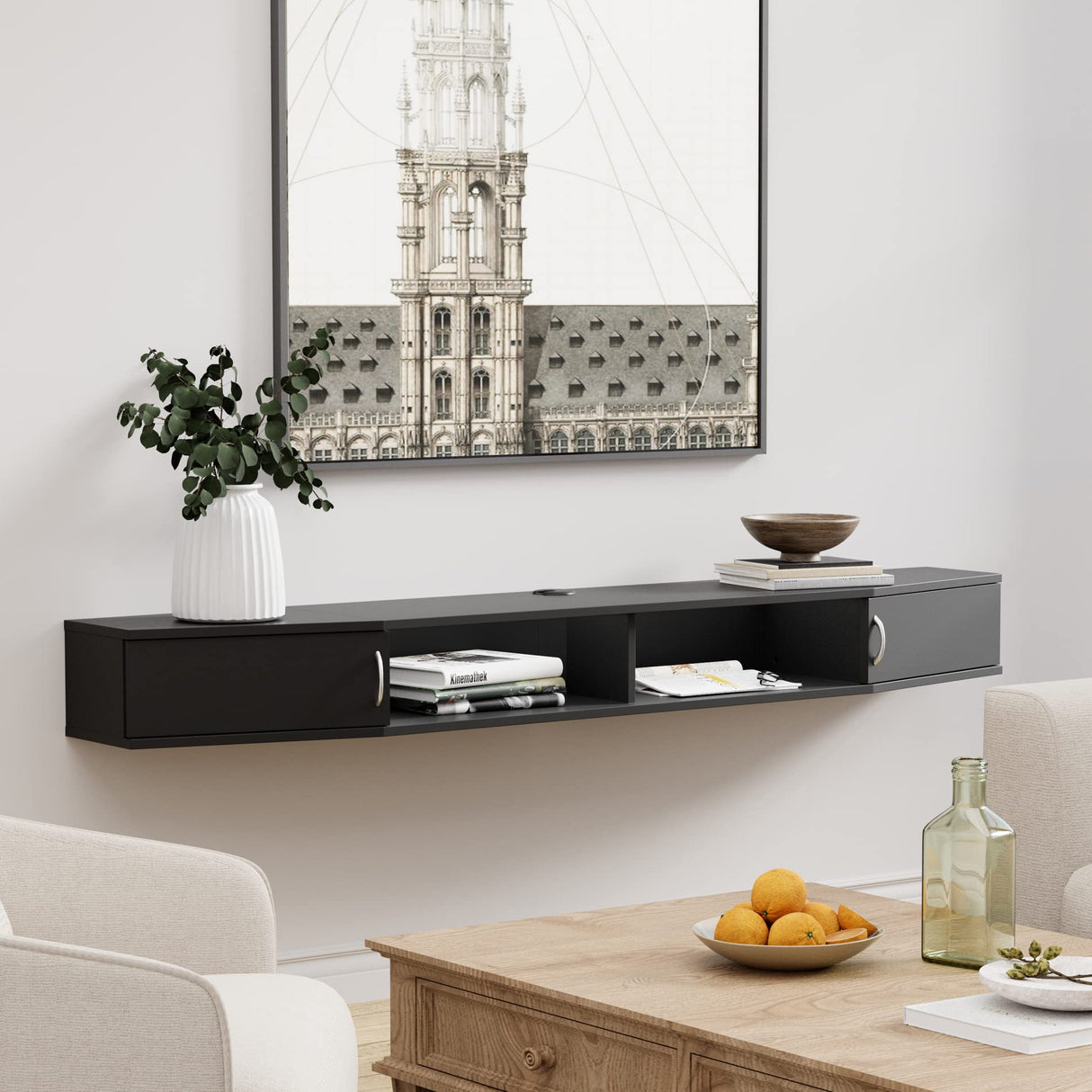 FITUEYES Floating TV Stand Wall Mounted Shelf with 16 LED Lights, Wood Media Console Entertainment Center Under TV, Cabinet Hutch Desk Storage for Home and Office,Black FITUEYES