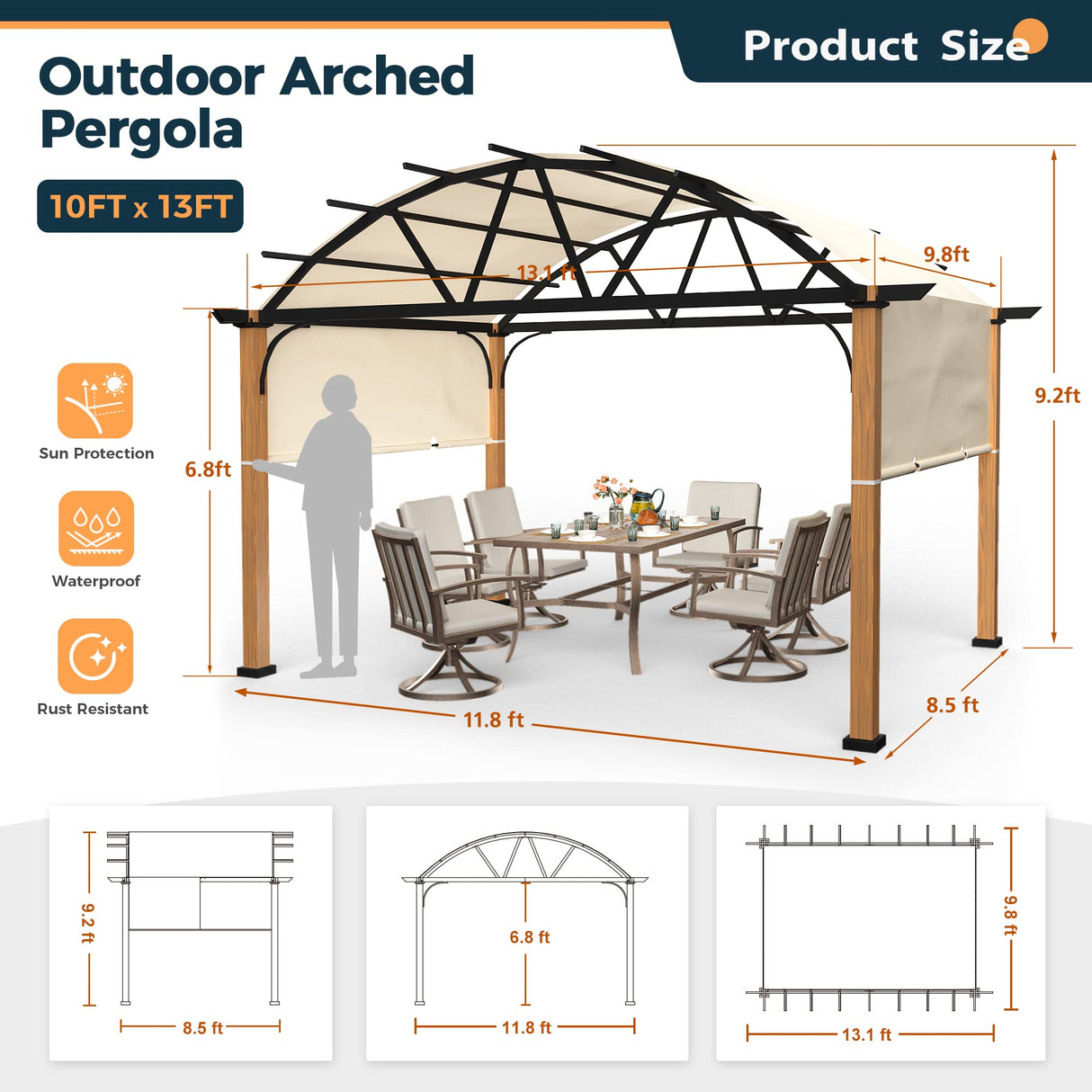 HAPPATIO 10' X 13' Outdoor Pergola with Sling Retractable Canopy and Woodgrain Aluminum Frame, Arched Pergola for Patio, Deck, Backyard, Garden HAPPATIO