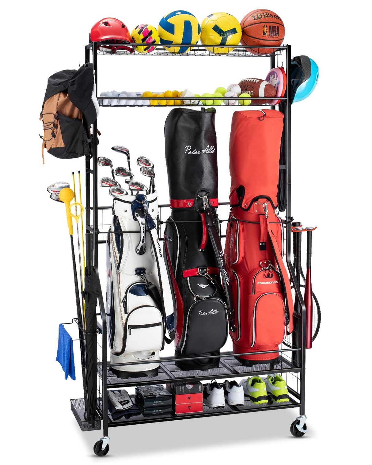 FHXZH Golf Bag Storage Garage Organizer, 3 Golf Bag Stand and Sports Equipment Storage Rack for Garage with Wheels, 4 Hooks, Golf Accessories Storage Rack with Extra Golf Clubs Display Rack FHXZH