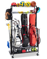 FHXZH Golf Bag Storage Garage Organizer, 3 Golf Bag Stand and Sports Equipment Storage Rack for Garage with Wheels, 4 Hooks, Golf Accessories Storage Rack with Extra Golf Clubs Display Rack FHXZH