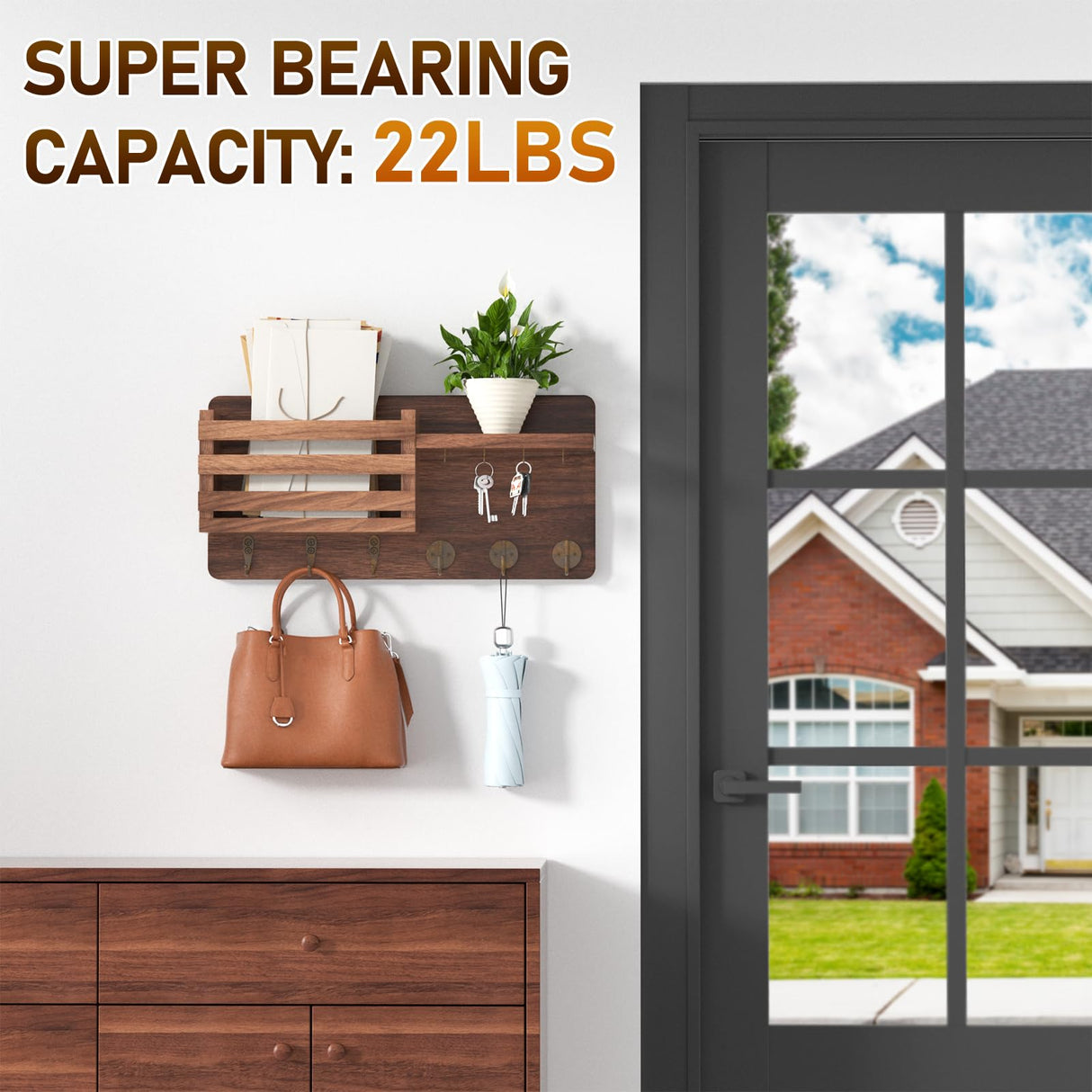 Key Holder Wall Mount, Key and Mail Holder for Wall, Wall Key Holder with Shelf and 6 Large Hooks for Bags, Coats, Umbrella, Wood Key Shelf for Entryway, 4 Small Key Hook, Wallet/Dog Leash Holder,Pine Longtor