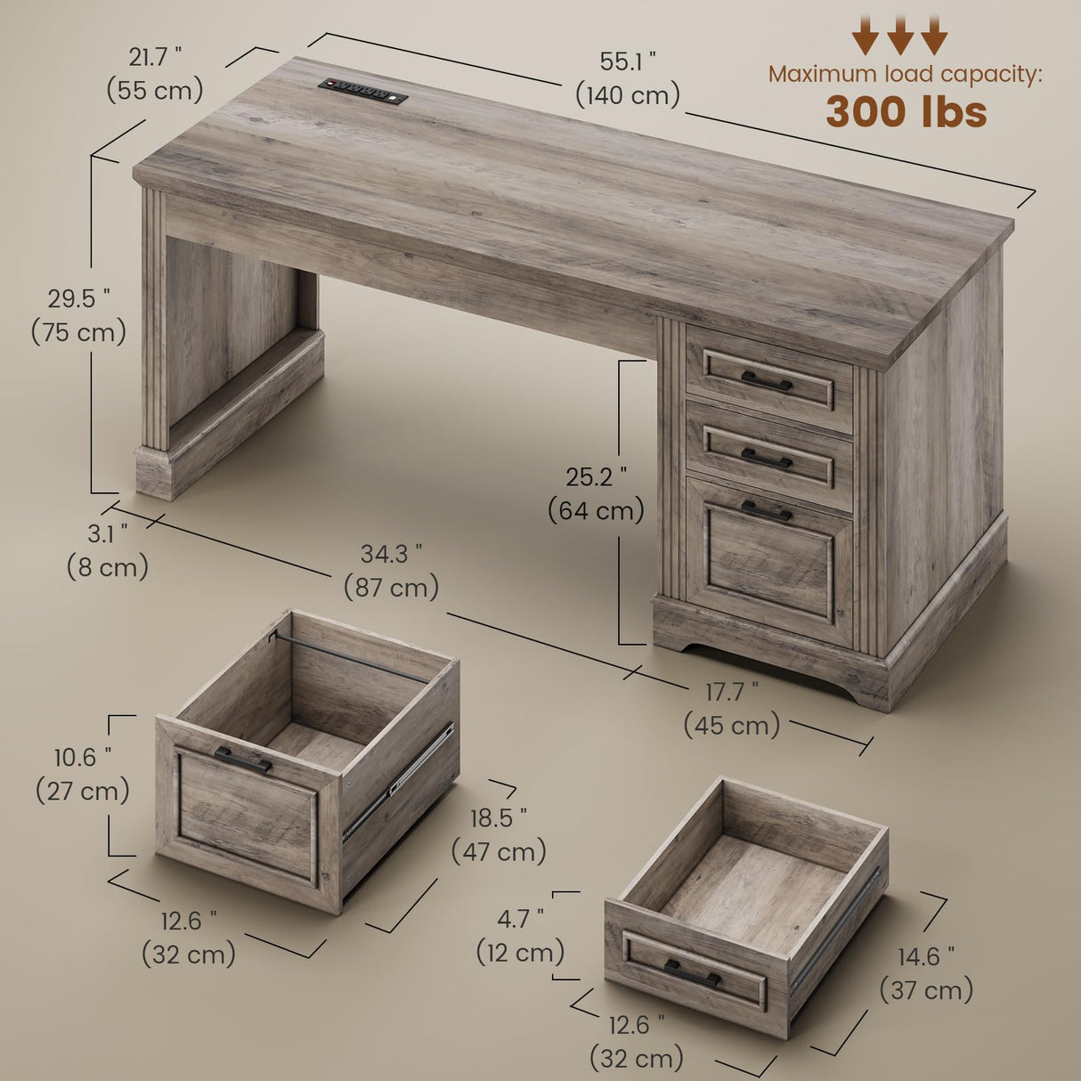 Itaar Farmhouse 55" Executive Desk, Computer Desk with Storage Drawers and Power Outlet, Home Office Desk, Workstation for Office Home, Grey Itaar