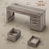 Itaar Farmhouse 55" Executive Desk, Computer Desk with Storage Drawers and Power Outlet, Home Office Desk, Workstation for Office Home, Grey Itaar