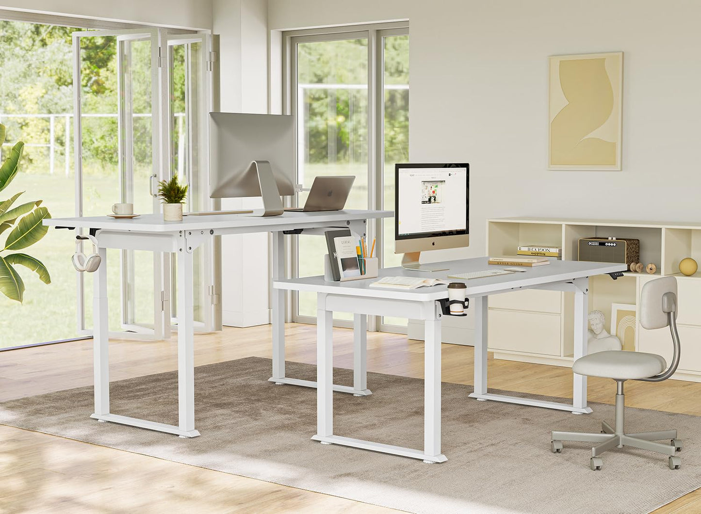 FEZIBO Standing Desk 4 Legs with Dual Motors, 63x29 Electric Standing Desk Adjustable Height with Strong Stability, Stand up Desk with Whole-Piece Tabletop, White（2 Packeges） - WoodArtSupply