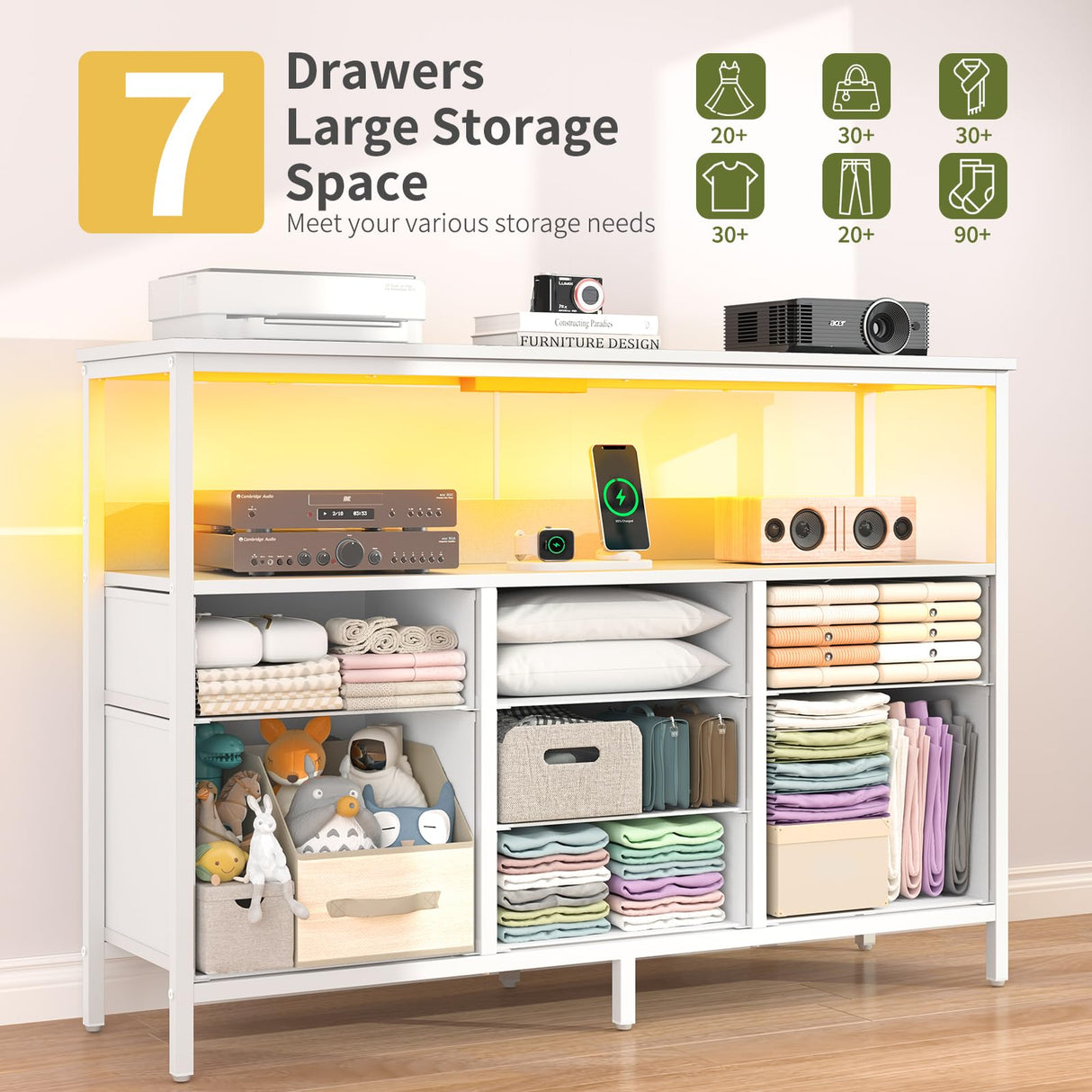 Yoobure LED TV Stand for Bedroom, 50 Inch Kids Dresser with Power Outlets, 7 Drawers Entertainment Center with Storage Shelf, TV Stands Dresser for Bedroom, Living Room, TV Console Entertainment Stand Yoobure