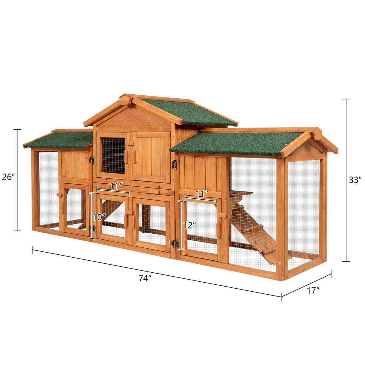 Rabbit Hutch Outdoor, 74" Large Bunny Cage with Waterproof Roof, Removable Pull Out Tray, 2 Runs, 2-tier Wooden Rabbit House for Small Animals, Rabbit Enclosure Suits for Guinea Pigs, Hamster, Natural Kinpaw