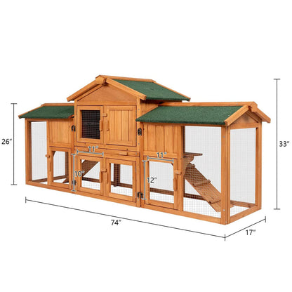 Rabbit Hutch Outdoor, 74" Large Bunny Cage with Waterproof Roof, Removable Pull Out Tray, 2 Runs, 2-tier Wooden Rabbit House for Small Animals, Rabbit Enclosure Suits for Guinea Pigs, Hamster - WoodArtSupply