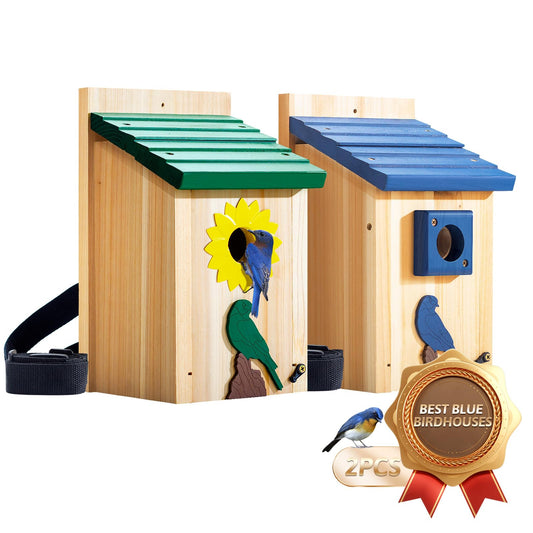 Cedar Alpha 2pc Bluebird Houses Nesting Box - XL Size 13" Heavy Duty Birdhouses for Outside - Wall Tree Pole Mountable - 1.5” Hole 13/16" Thickness - Large Inside Space - Tree Tie Bending Updated