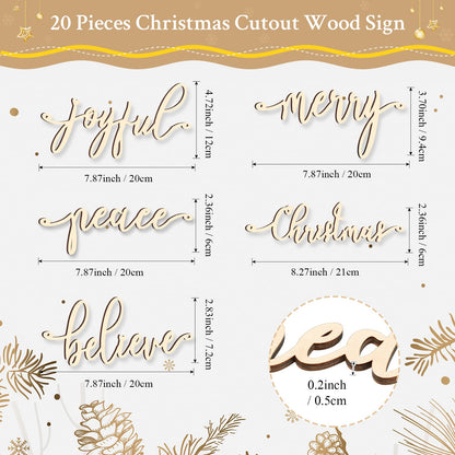 20 Pcs Merry Christmas Sign Xmas Wooden Cutout Letter Plate Ornaments Rustic Merry Sign Christmas Wooden Sign Table Decors Joyful Peace Believe Cutout Plates Ornament for Home Christmas(Burlywood)