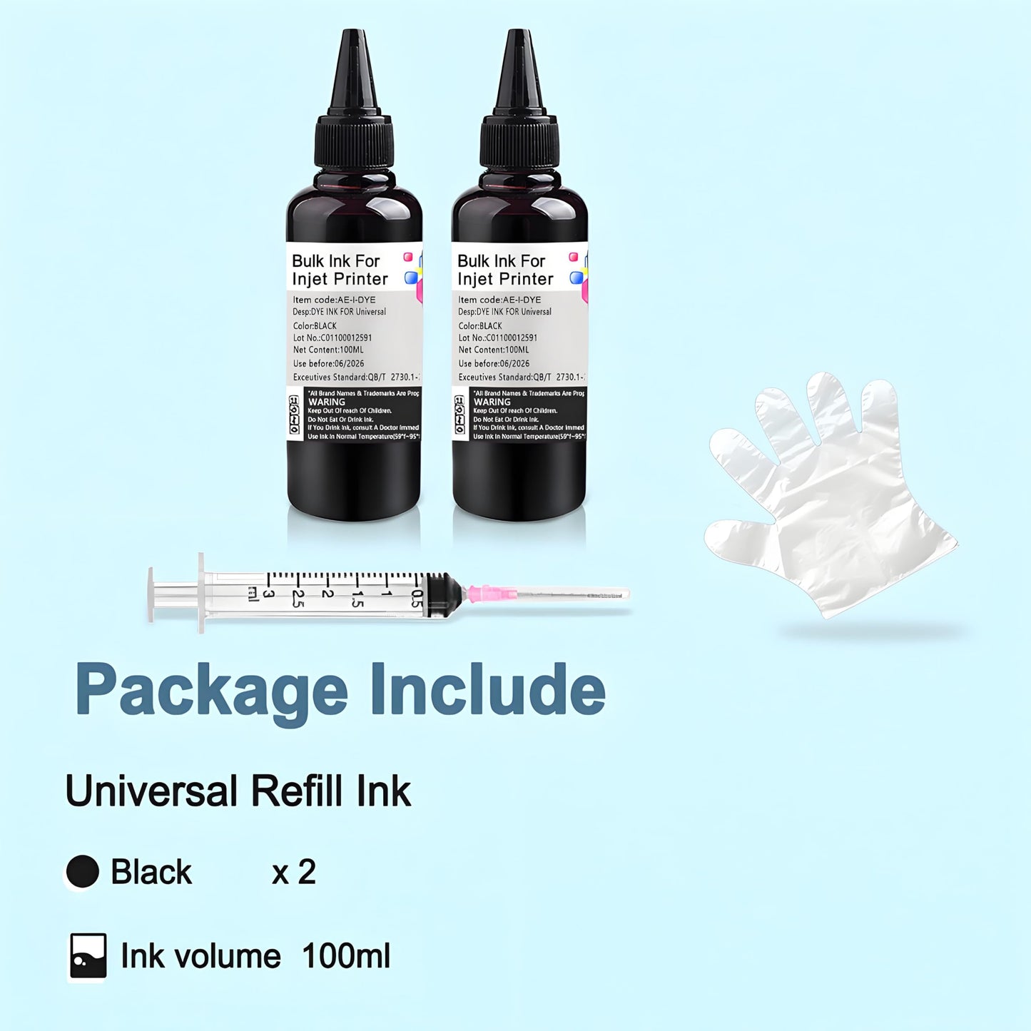 KSUMEI Universal Ink Refill Kit for Canon HP Epn Brother All Inkjet Printer Cartridge Bottle (2*Black, 100 ml)