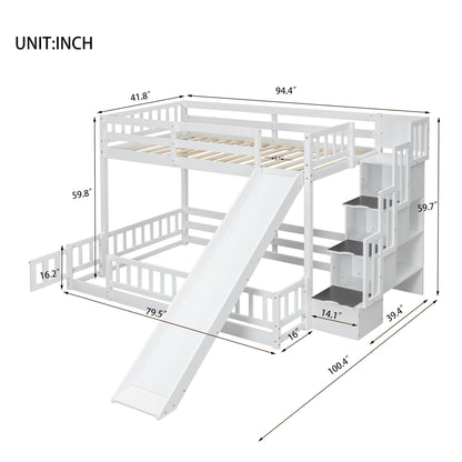 Twin Over Full Bunk Bed with Slide, Solid Wood Bunk Bed Frame with Storage Staircase and Safety Guardrails for Teens Adults,Low Loft Bed with Door Fence, Space Saving,No Box Spring Required, White