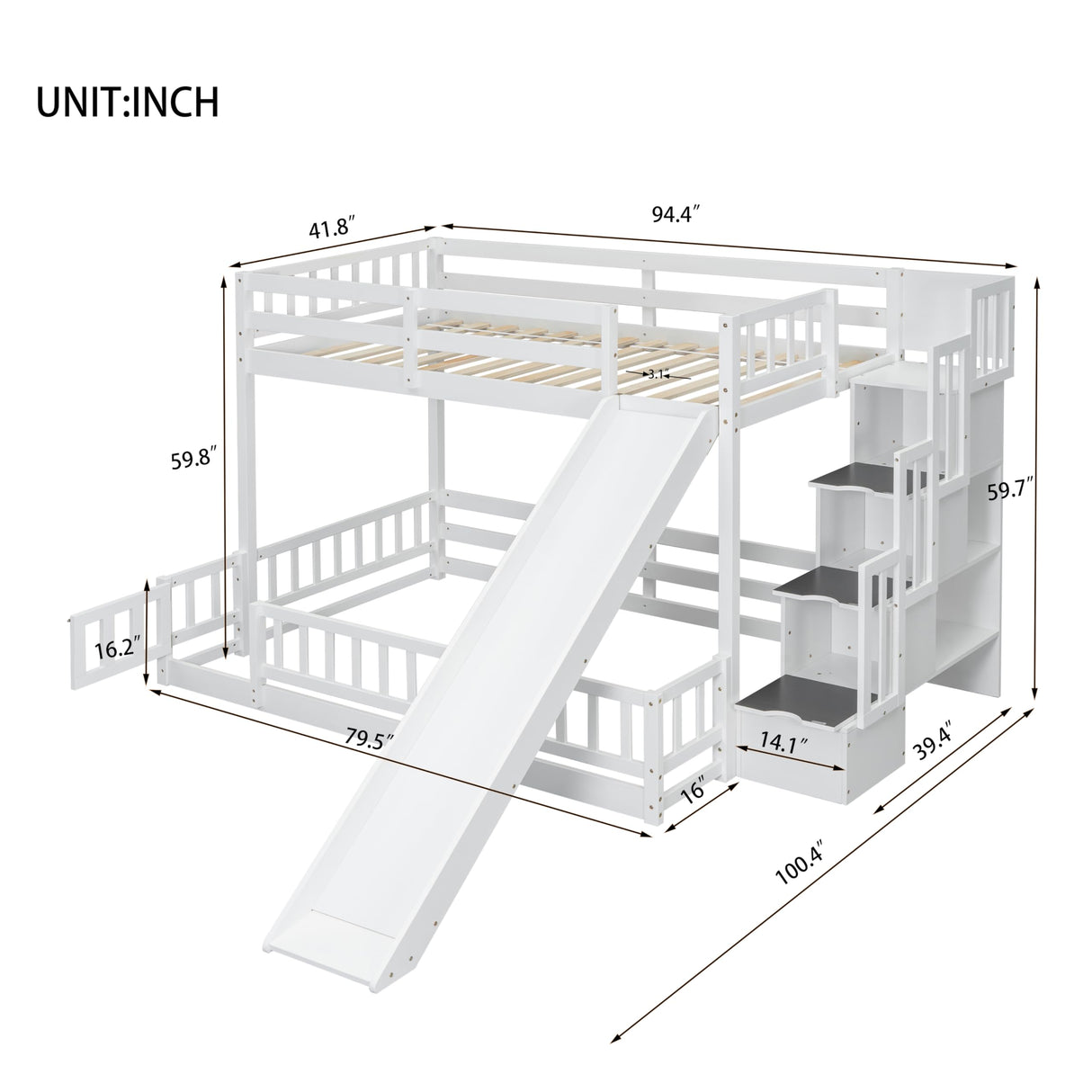 Duxelifin Twin Over Full Bunk Beds with Slide and Stairs, Low Bunk Bed Frame with Rails, Convertible Wood Bunk Bed with Storage Staircase for Kids Boys Girls, White Duxelifin