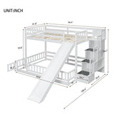 Duxelifin Twin Over Full Bunk Beds with Slide and Stairs, Low Bunk Bed Frame with Rails, Convertible Wood Bunk Bed with Storage Staircase for Kids Boys Girls, White Duxelifin