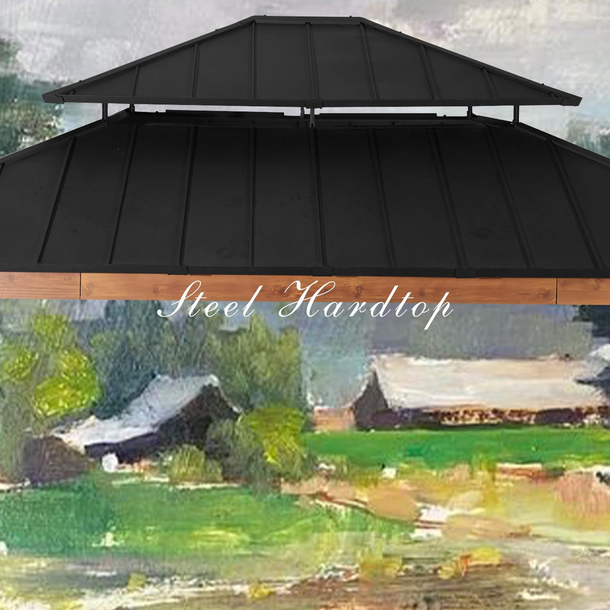 Meetleisure 13' x 15' Double Hardtop Gazebo - Outdoor Thermal Transfer Wood-Looking Aluminum Gazebo with Double Hardtop, Privacy Curtains and Mosquito Nettings Included, for Patio, Garden, Backyard MeetLeisure