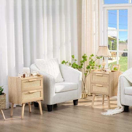Lerliuo Rattan Nightstand, Boho Night Stand with 2 Drawers, Cane Accent Side End Table, Bedside Table with Solid Wood Legs for Bedroom, Dorm and Small Spaces (Natural) Lerliuo