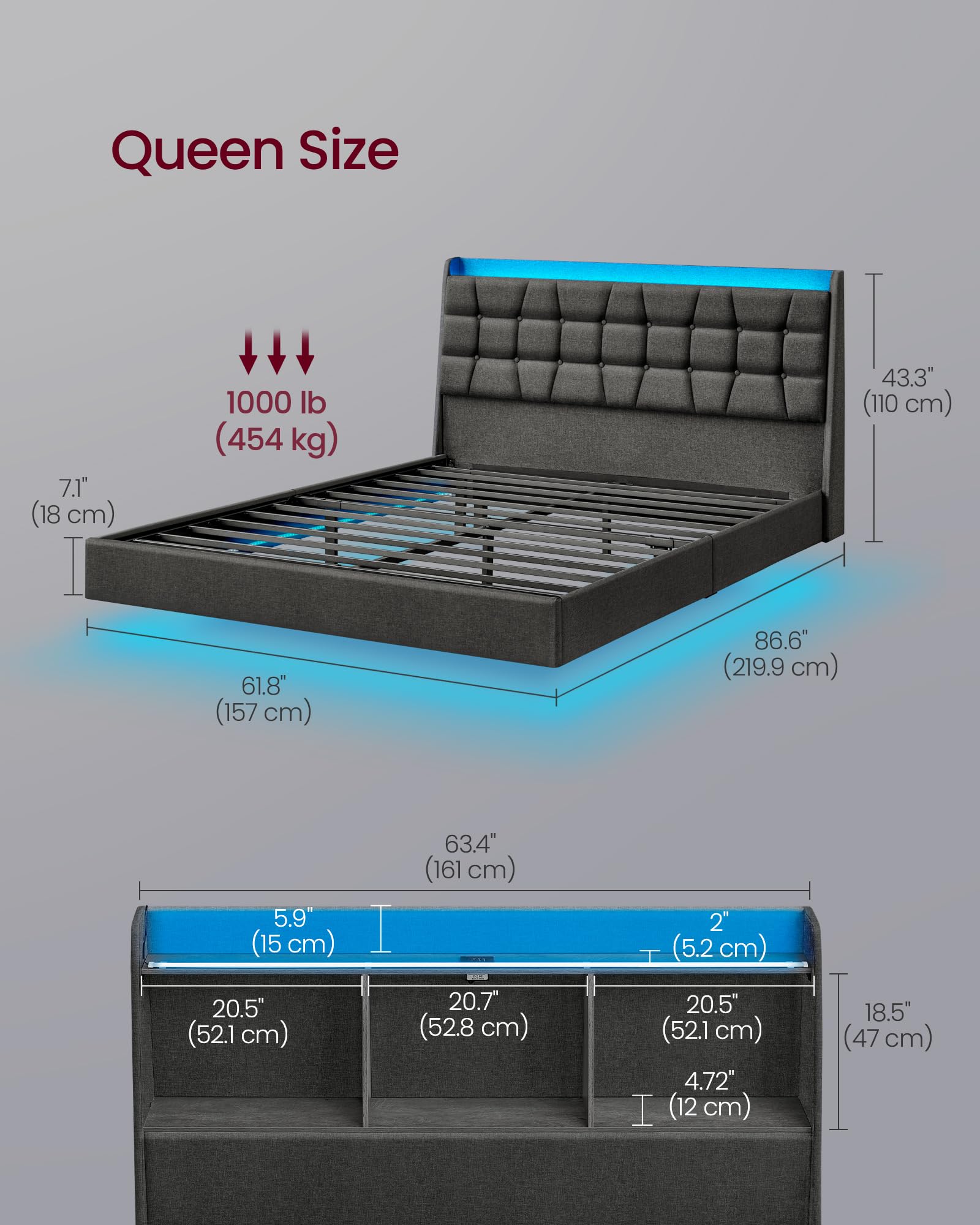 VASAGLE Dark Gray Floating Queen Bed Frame with LED Lights and Tufted Storage Headboard - WoodArtSupply