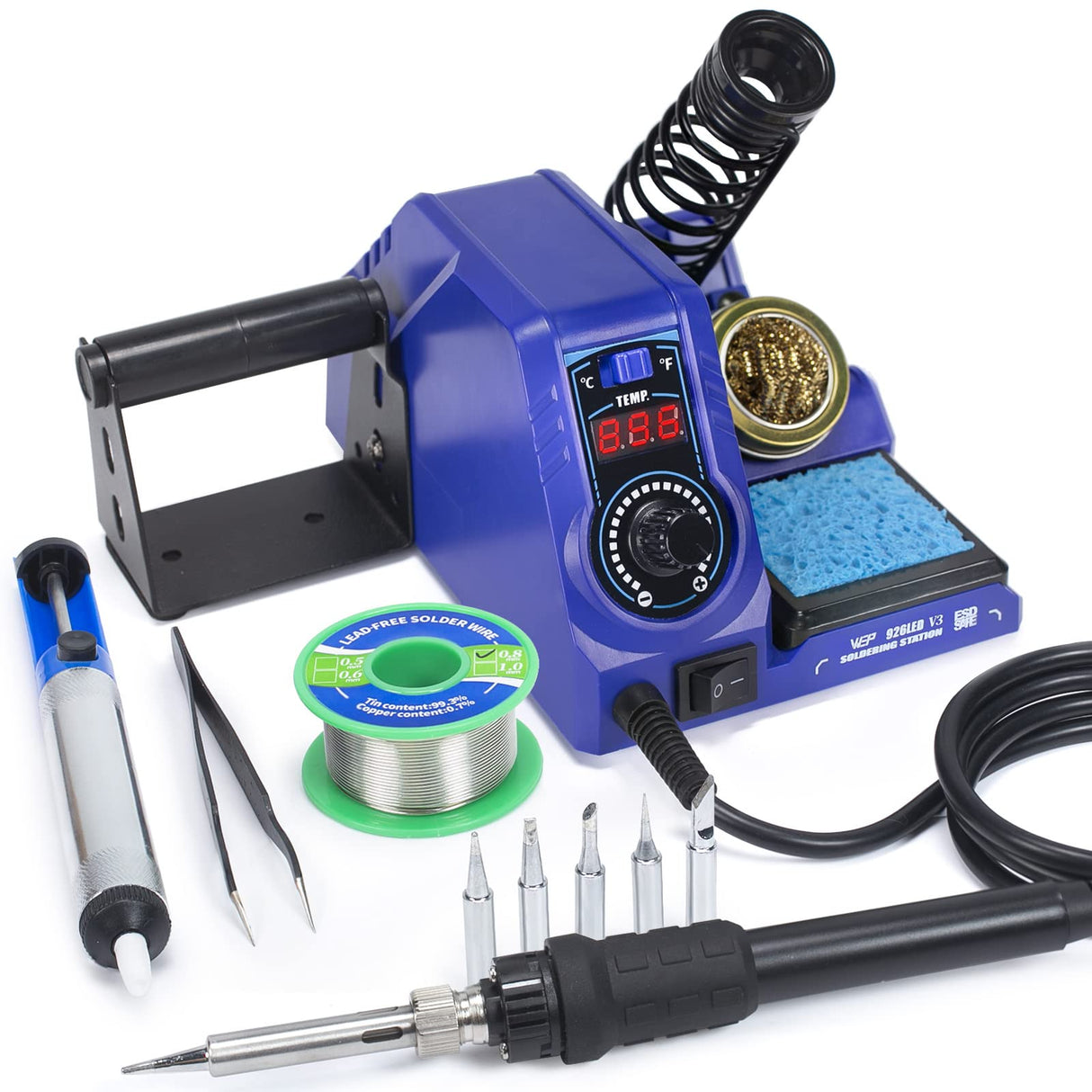 WEP 926LED V3 Soldering Iron Station Kit with Solder Wire, 5 Soldering Tips, Tip Cleaner,Tweezers, Desoldering Pump with Temperature Control, Sleep Mode, C-F Conversion Function WEP