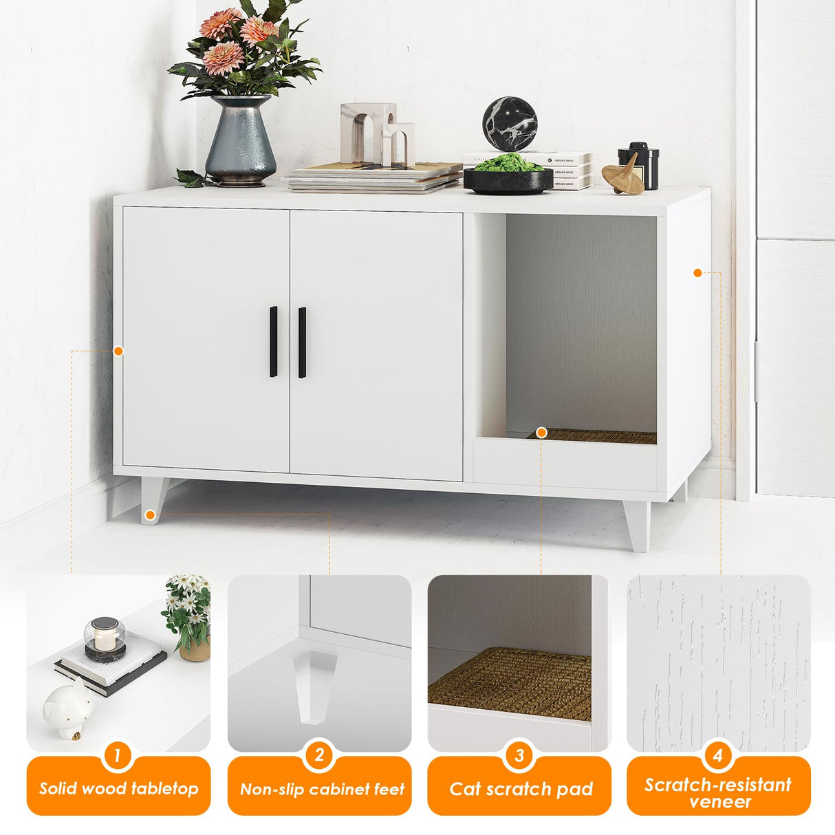 STARY Hidden Cat Litter Box Enclosure Furniture with Scratching Mat, White STARY