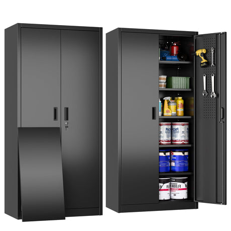 Aobabo 71" H×32" W×16" D Metal Storage Cabinet with 5 Adjustable Shelves, Locking Garage Storage Cabinet with Pegboards and 4 Hooks for Garage, Office, Black, Assembly Required Aobabo
