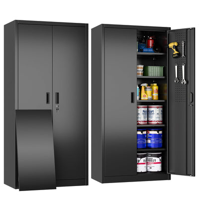Aobabo 71" H×32" W×16" D Metal Storage Cabinet with 5 Adjustable Shelves, Locking Garage Storage Cabinet with Pegboards and 4 Hooks for Garage, Office, Black, Assembly Required