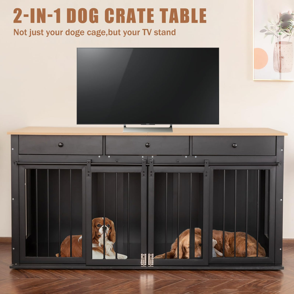 Sunseen Dog Crate Furniture Large Breed Wooden Dog Kennel with Room Divider & 3 Drawer,Double Doors Heavy Duty Dog Crate End Table Indoor TV Stand for Small Medium Large Dog Black,72''W*24''D*35''H sunseen