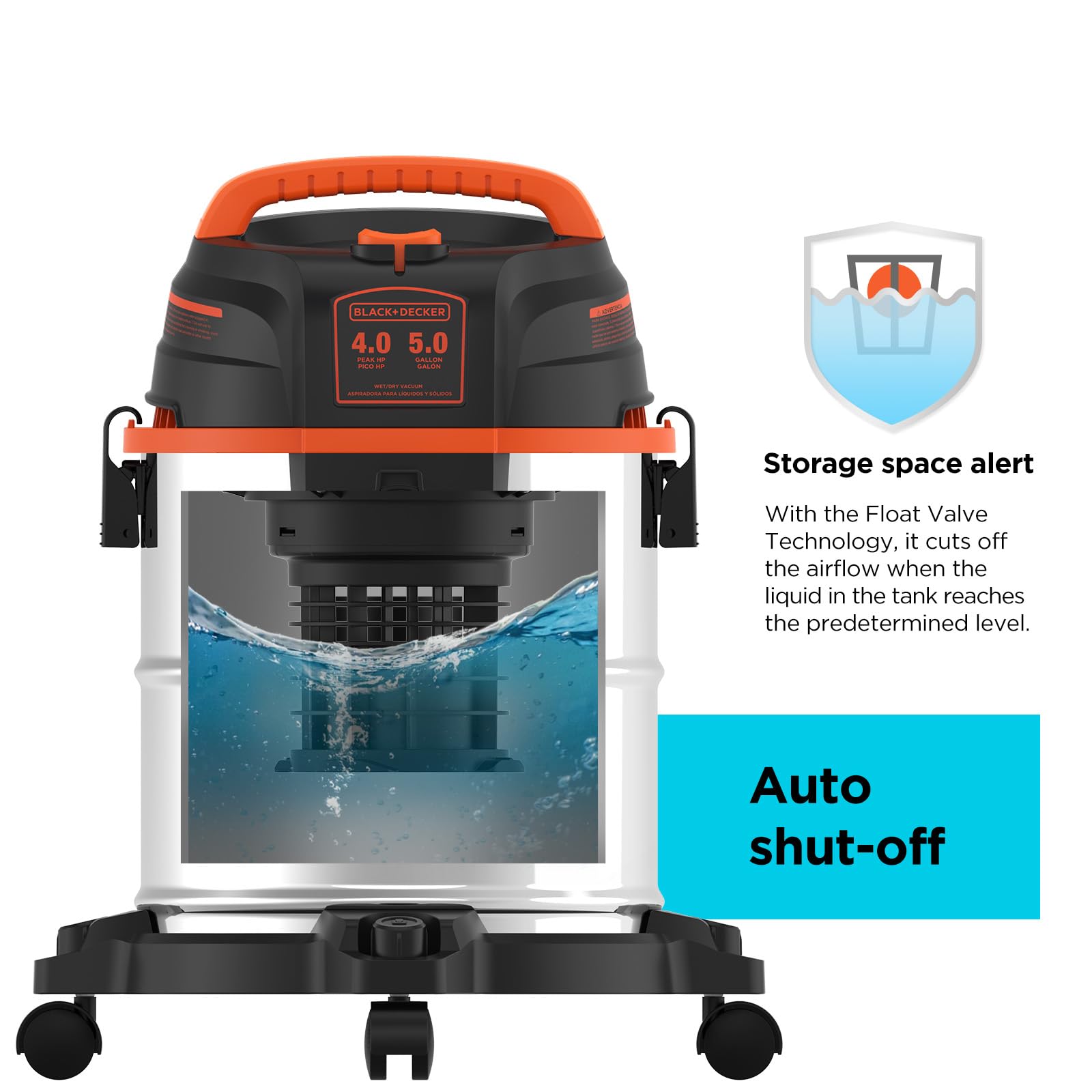 BLACK+DECKER 5 Gallon Shop Vacuum Wet and Dry, 4.0 Peak HP, Stainless Steel Tank, Shop Vac with Accessories for Home, Pet, Workshop and Car(BDXV18143) - WoodArtSupply