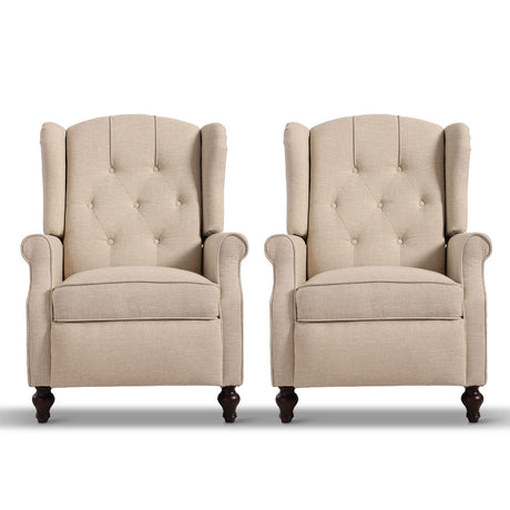 B BAIJIAWEI Set of 2 Recliner Wingback Chairs - Tufted Arm Chairs with Massage, Heat & Remote Control - Fabric Push Back Recliner with Heating Function, Adjustable Backrest (Beige) B BAIJIAWEI