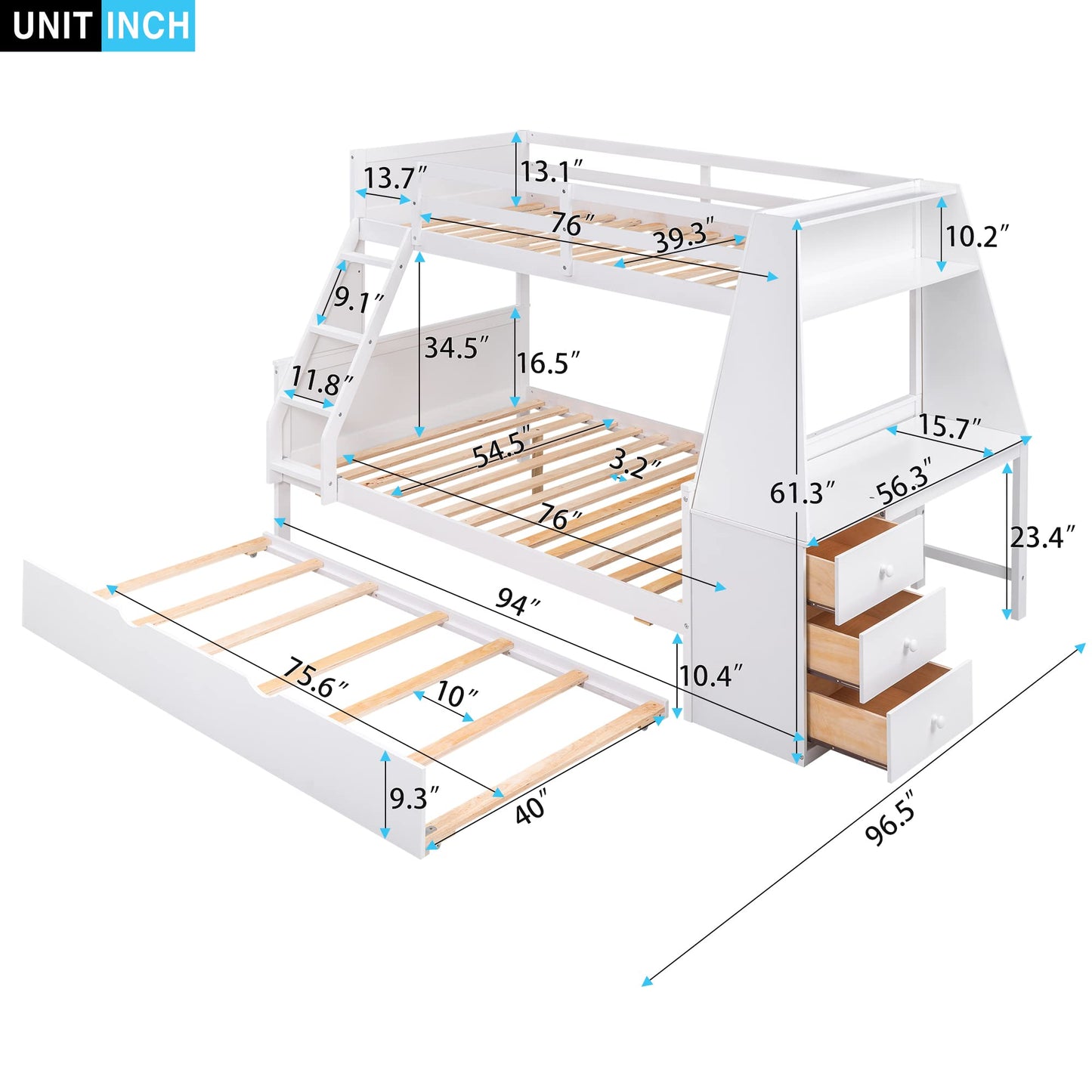 Modern Twin Over Full Bunk Bed with Desk, Trundle, and Storage Drawers in White - WoodArtSupply