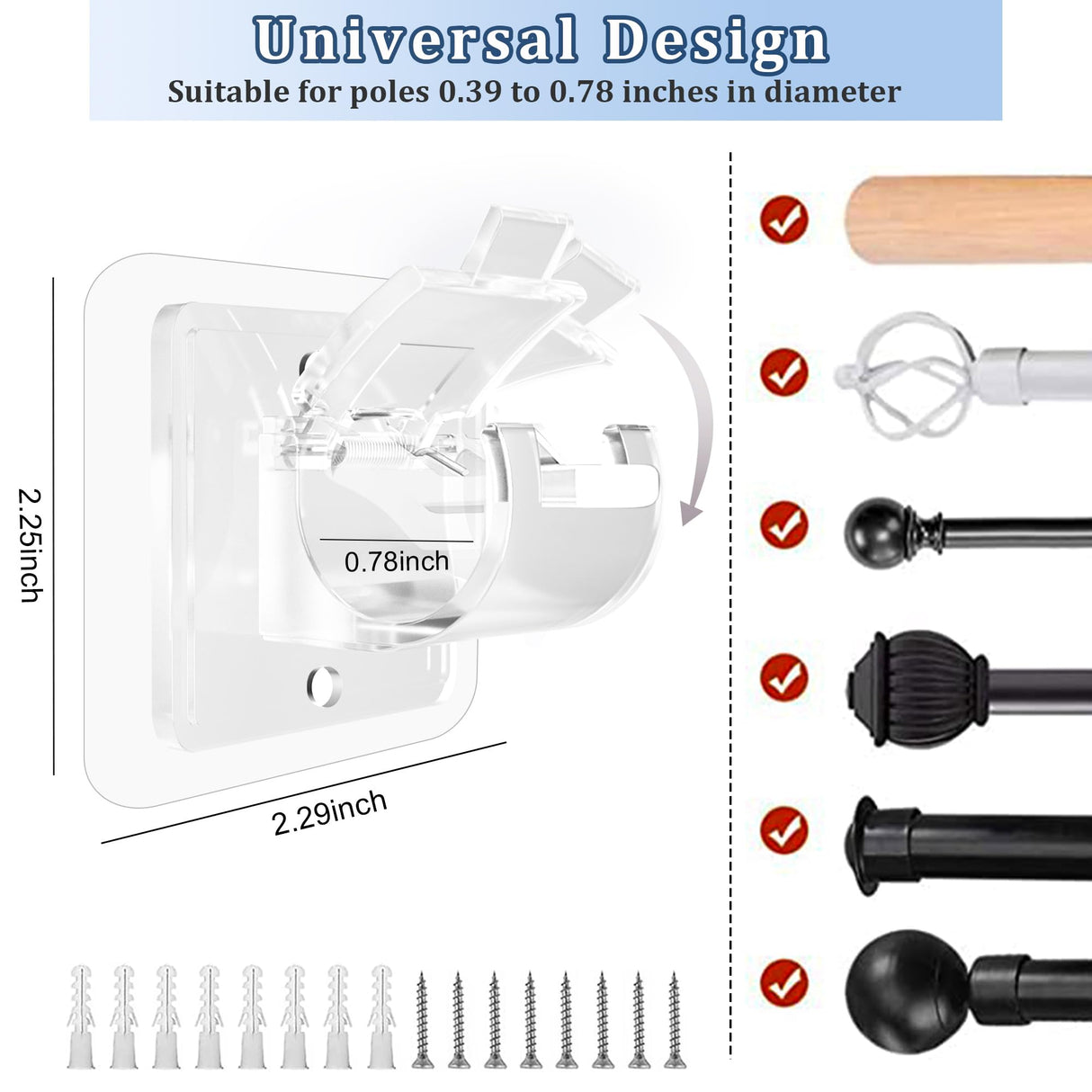 8PCS No Drill Curtain Rod Brackets No Drilling Self Adhesive Curtain Rod Holder Hooks Nail Free Adjustable Curtain Rod Hooks Curtain Hangers for Bathroom Kitchen Home Bathroom and Hotel (Transparent) Codoule