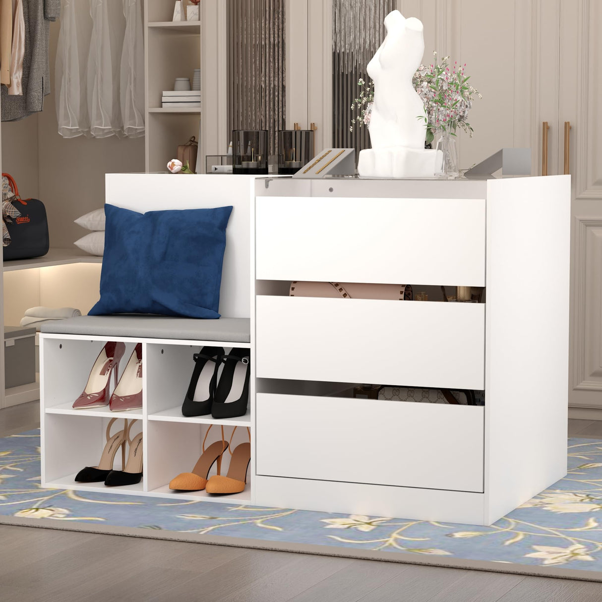 ROMSHINE Glass Display Cabinet Closet Island, Glass Top Storage Cabinet for Retail, Collectibles Showcase with 9 Dawers & Shoe Bench, Walk in Display Island for Retail Shop, Cloakroom, White ROMSHINE