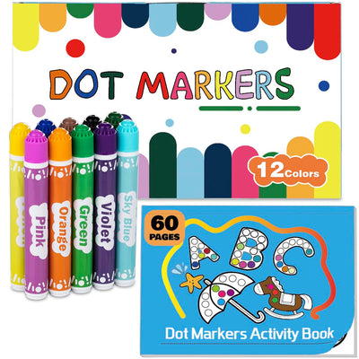 DOSEWART Dot Markers for Kids, 12-Color Bingo Daubers, Washable Bingo Markers for Kids Drawing Coloring, Arts and Crafts Supplies Dot Paint Marker Set with 60 Pages Kids Activity Book