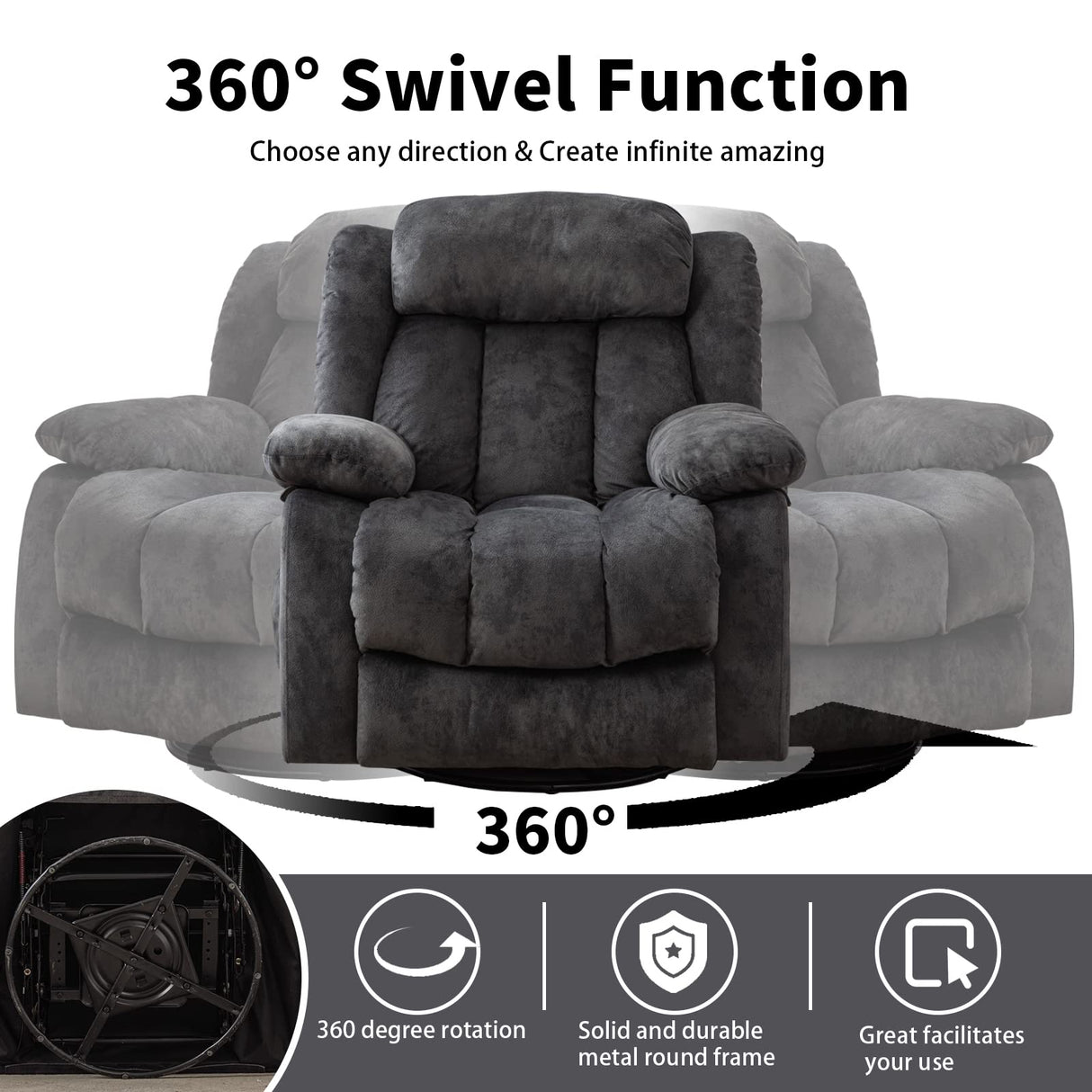CANMOV Massage Swivel Rocker Recliner Chair with Heat and Vibration,360 Degree Manual Swivel Rocking Recliners with Side Pocket, Comfy Fabric Single Sofa Reclining Chair for Living Room, Grey CANMOV