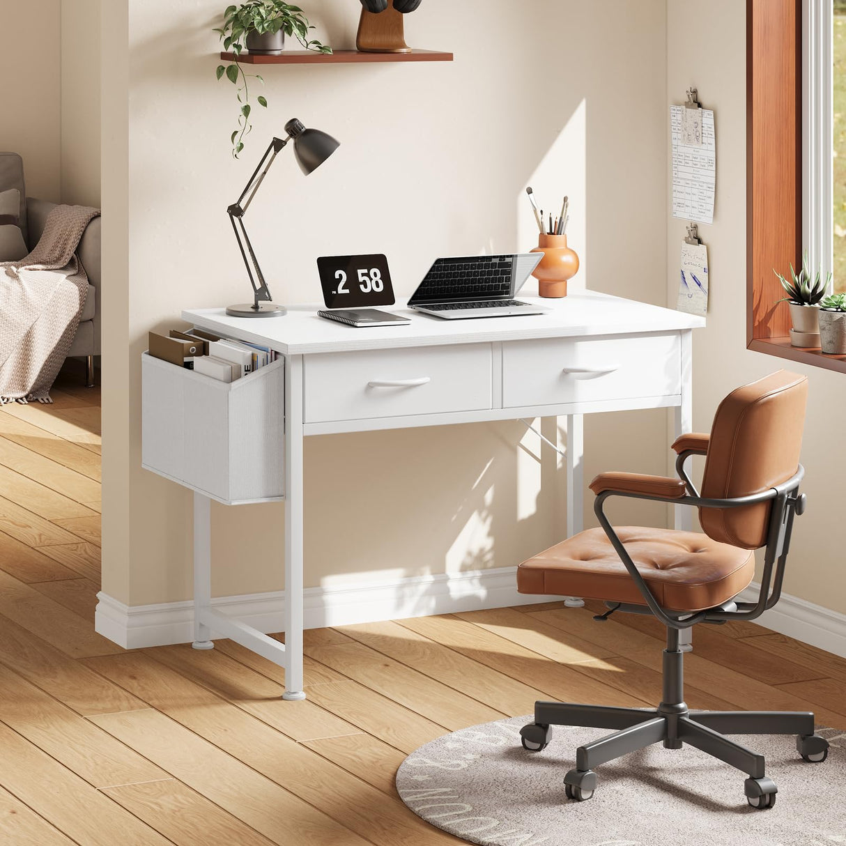 CAIYUN Small Desk with Fabric Drawers, 32 Inch White Vanity Desk for Bedroom, Home Office Computer Desk for Small Space, Modern Work Laptop Study Table, Kids Writing Desk with Storage Bag & Hook CAIYUN