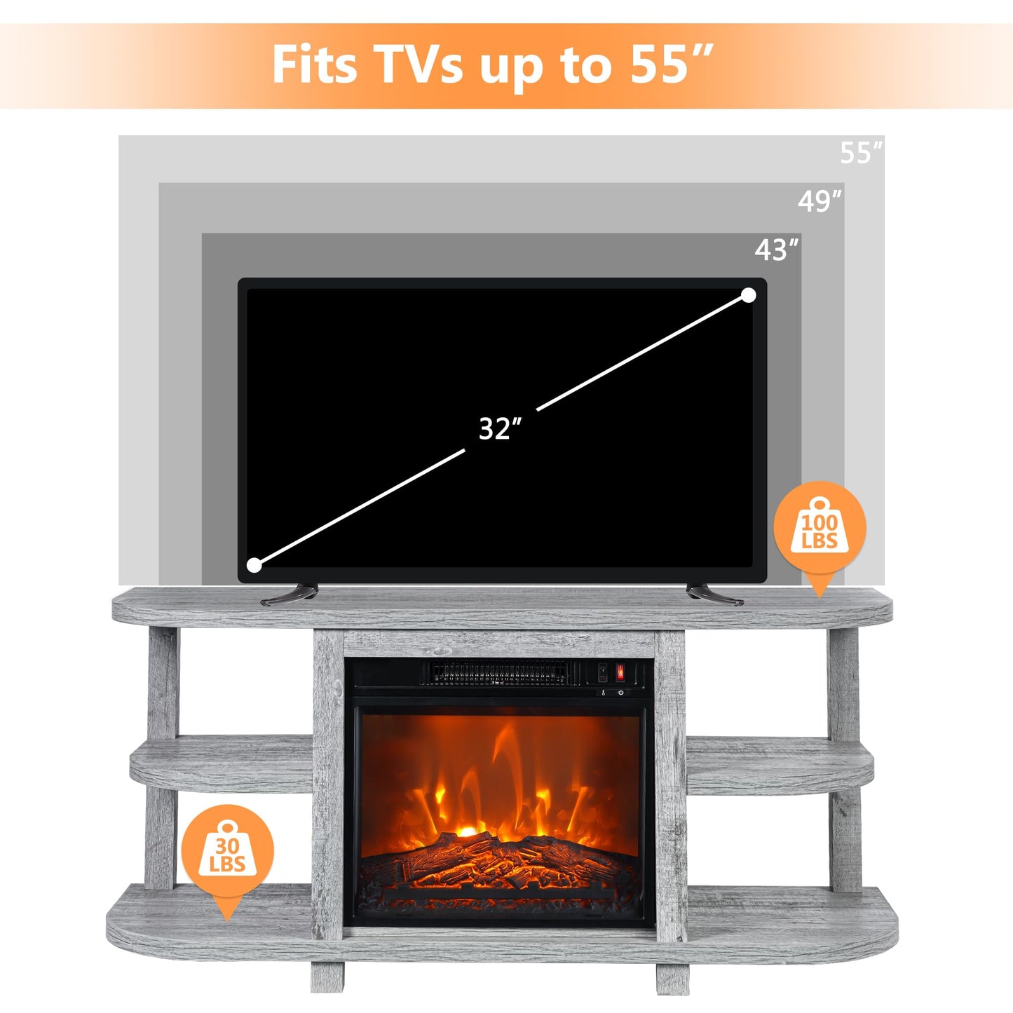 COMEFFIE 48" TV Stand with 18" Electric Fireplace Heater, Modern TV Stand for TVs up to 55 Inch, Entertainment Media Stand with Open Shelves and Storage Cabinets for Living Room, Bedroom (Grey)