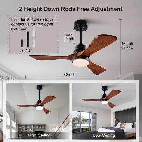 BOJUE 42 Inch Black Ceiling Fans with Lights and Remote,3 Color LED Light,Quite Reversible DC Motor,Memory Function,Modern Solid Wood Indoor Outdoor Ceiling Fan with light for Farmhouse Bedroom Patio BOJUE