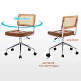 Zesthouse Mid Century Home Office Chair Leather Desk Chair with Rattan Back, Vanity Chair for Girls Women, Upholstered Swivel Chair, Adjustable Height Computer Task Chair Zesthouse
