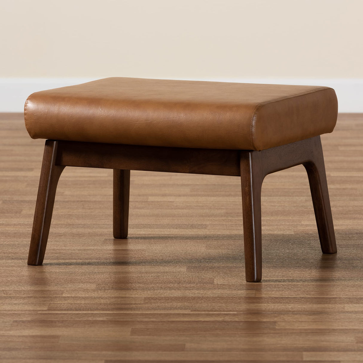 Baxton Studio Bianca Mid-Century Modern Walnut Brown Finished Wood and Tan Faux Leather Effect Ottoman Baxton Studio