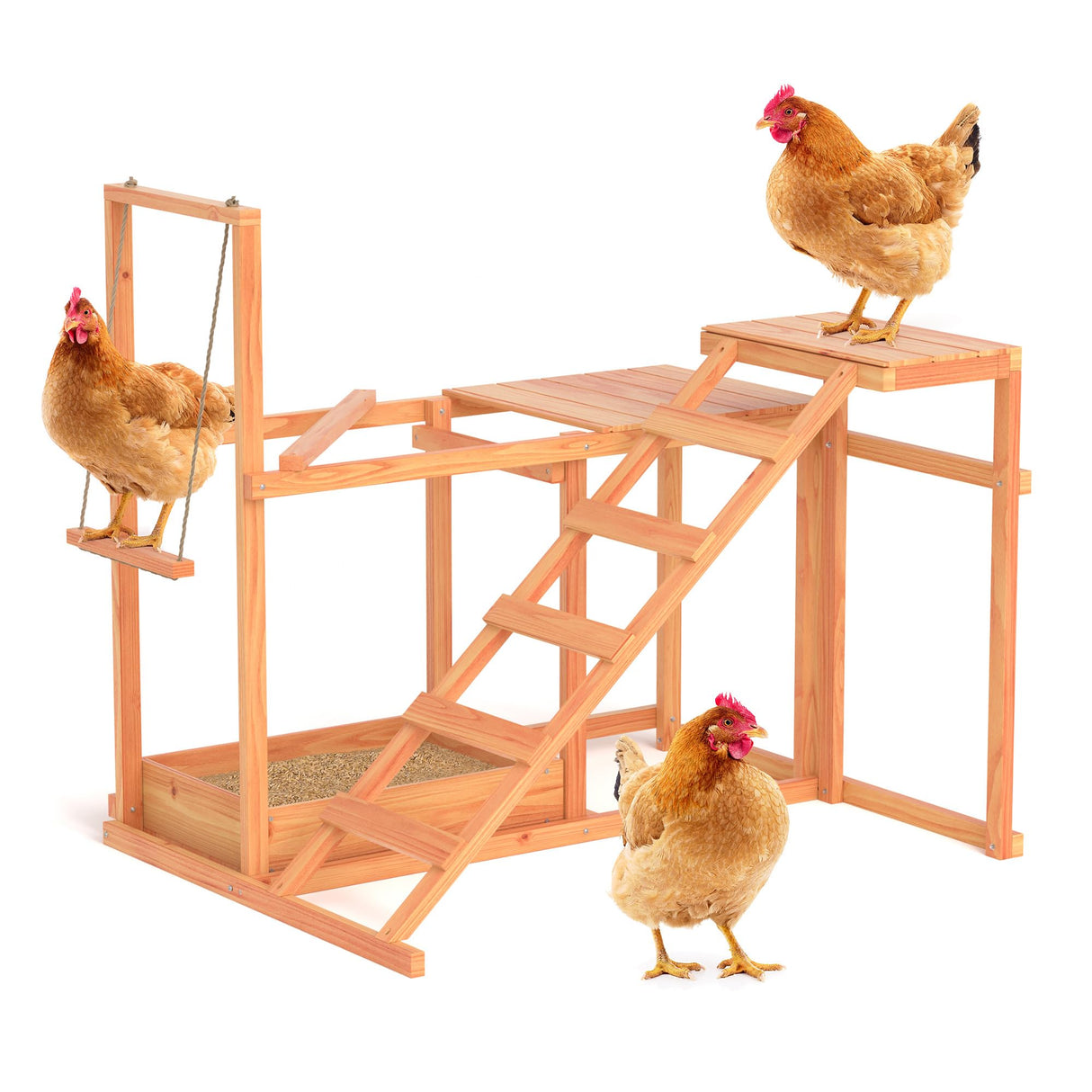 Chicken Activity Play Chicken Perches for Poultry Run with Wood Stand, Ladder, Platforms, Swing Stand, Food Storage Wood Chicken Toy for Coop, Outdoor Birds Pet Entertainment Stress Relief GOJOOASIS