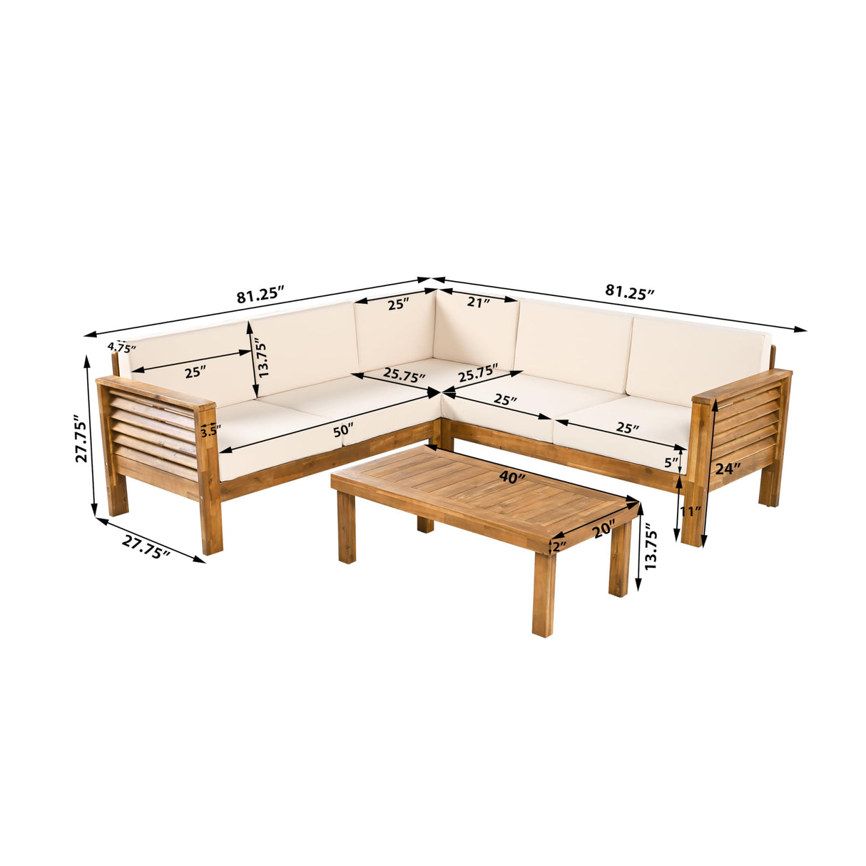 Christopher Knight Home Havets 81.25" Sectional L Shaped Sofa, 4 Pieces Acacia Wood Patio Furniture Set, Slat Coffee Table, Spacious Seat and Table Set for Backyard Garden Balcony, Teak+Beige Christopher Knight Home