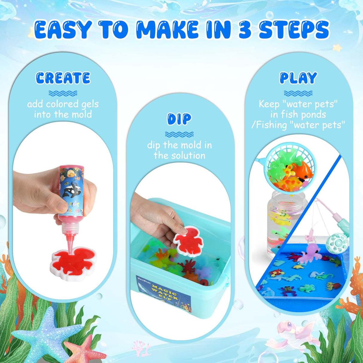 Magic Water Elf Toy Kit，Aqua Fairy Water Gel Kit-16 Magic Gesl&15 Molds-Make Water Pets with Fishing Set - Fun Kids DIY Craft Kit, Birthday Gift & Party Favors for Kids Ages 3+ MaxiBean